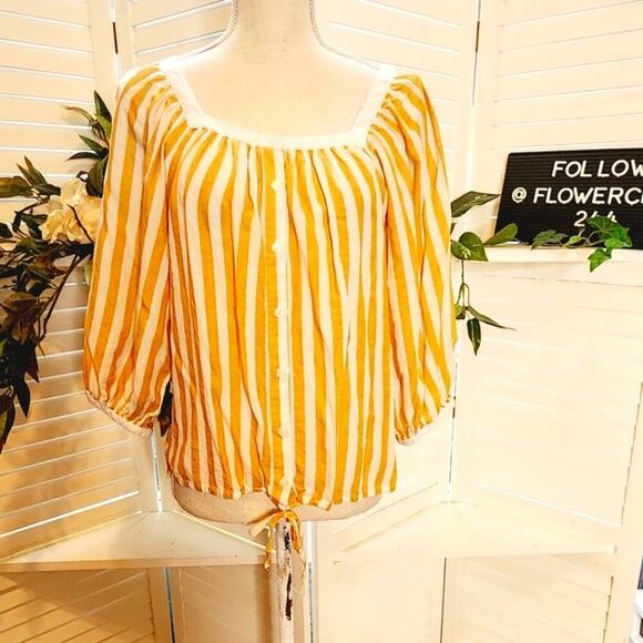 LUCKY BRAND YELLOW STRIPE BLOUSE SMALL - Picture 1 of 2